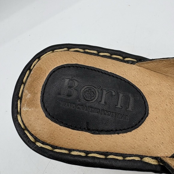 Born Sandals Womens Size 8 Black Leather Espadrille Wedge Heel Mule Toe Loop - Picture 2 of 12
